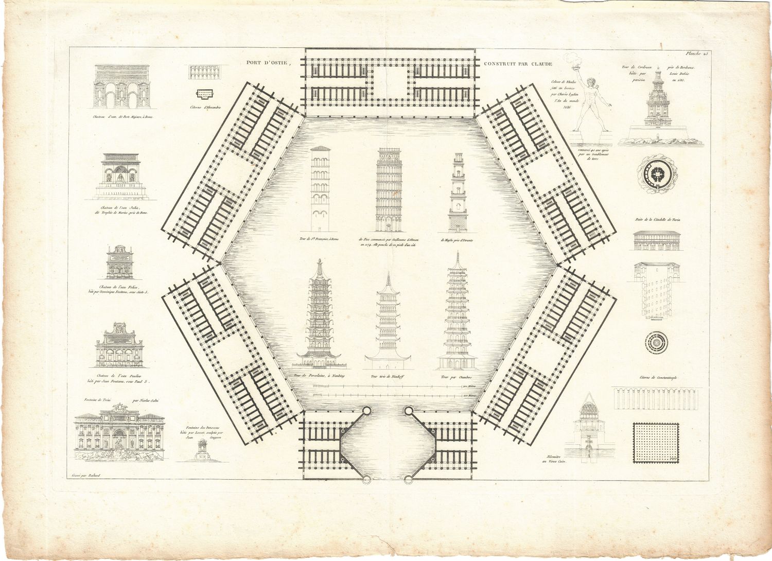 1799 Architectural Engraving of Port D'Ostie Construit par Claude - Pagodas  by JNL Durand