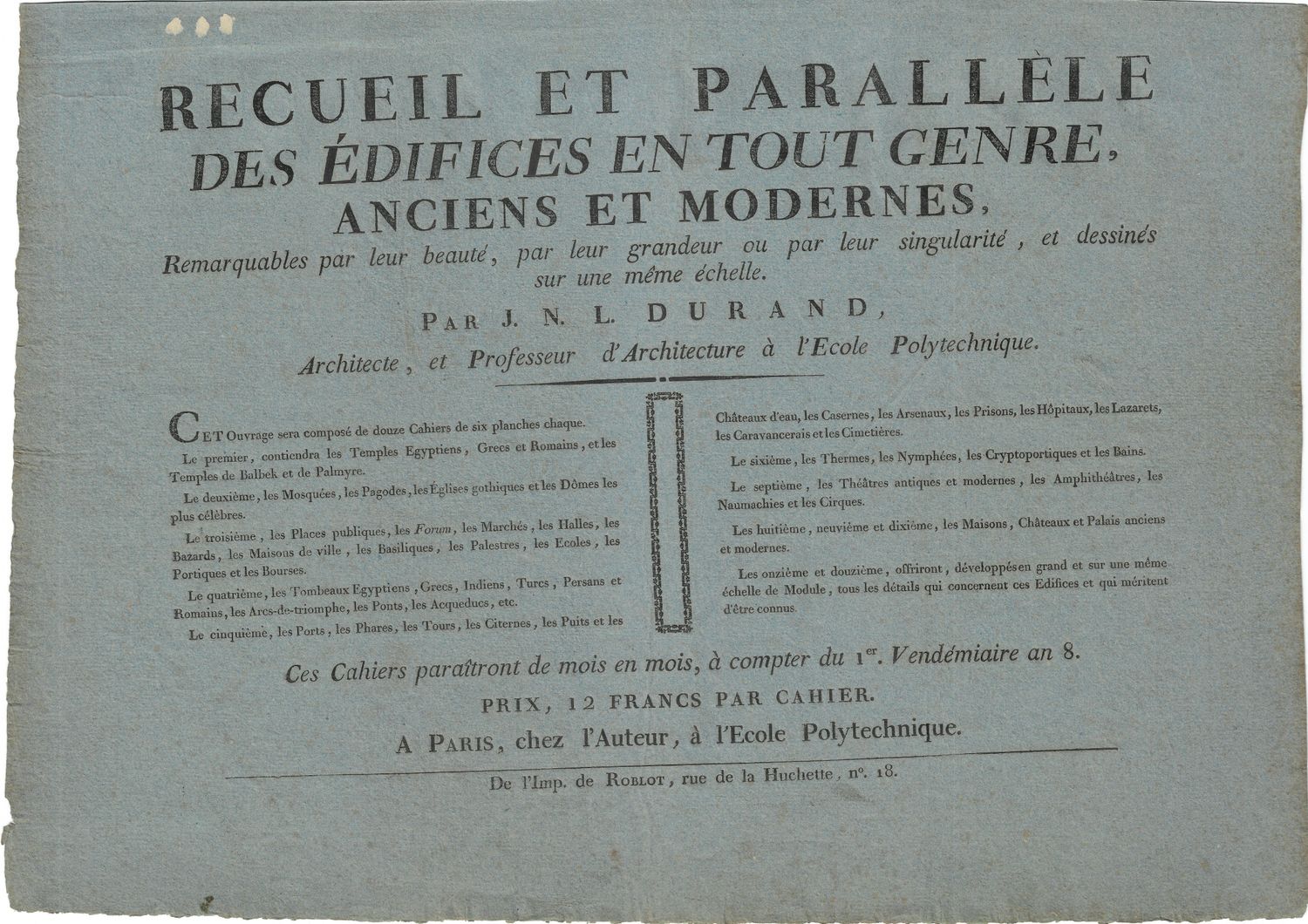 1799 Architectural Engraving of Title Page by JNL Durand