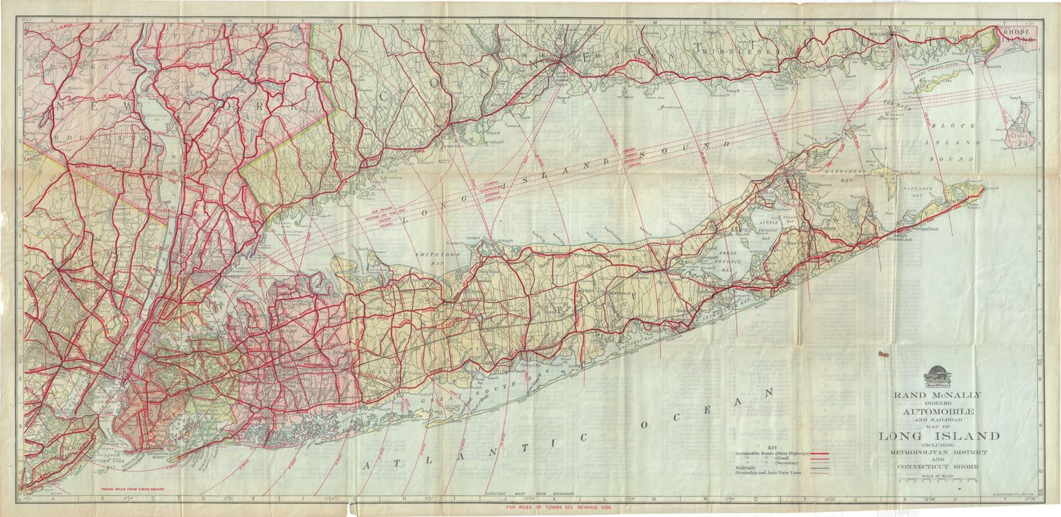 1915 Map of Long Island by Rand McNally w/ Train routes