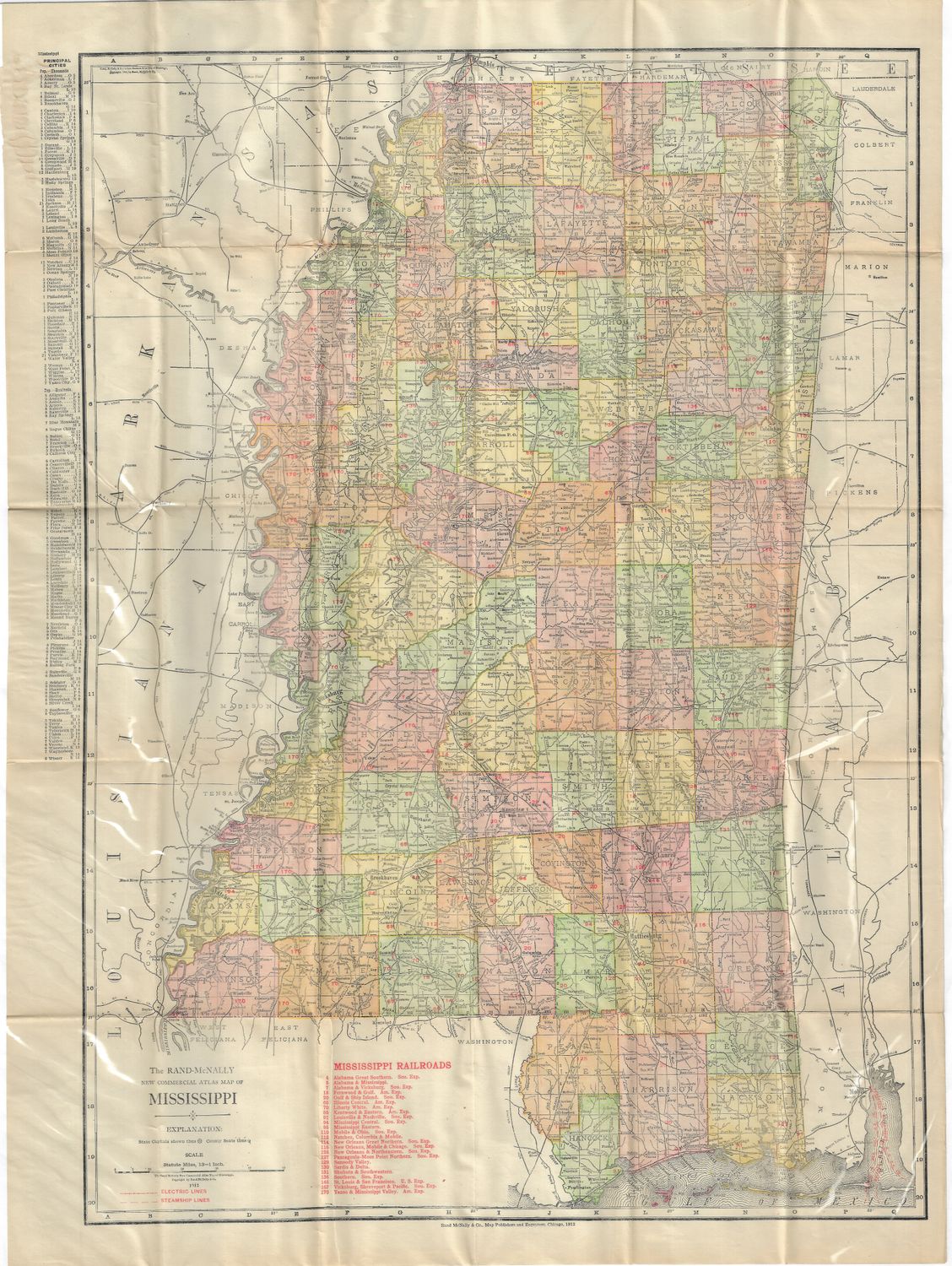 1911 Pocket Map of Mississippi by Rand McNally