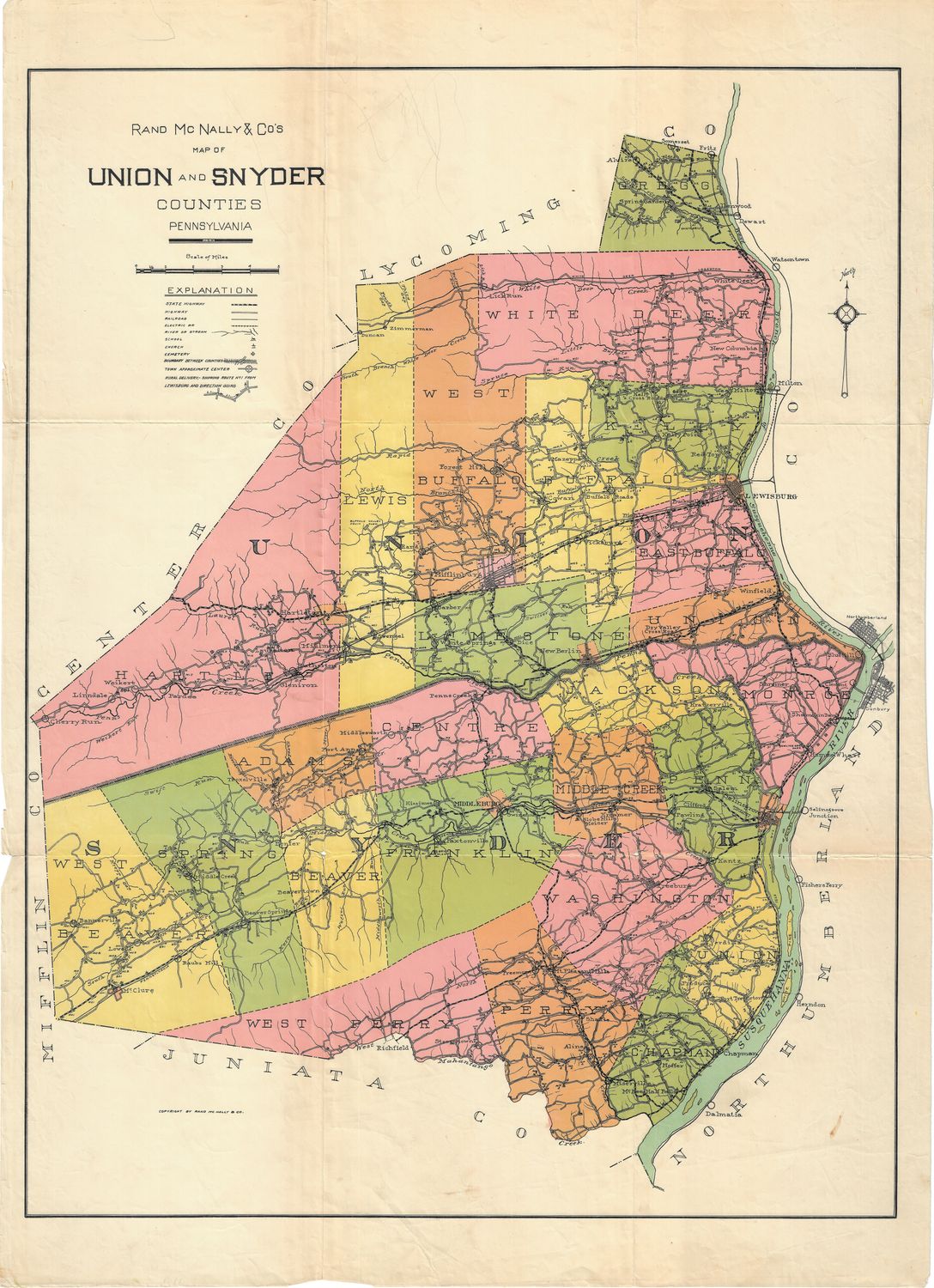 1915 Map of Snyder &amp; Union Counties, Pennsylvania by Rand McNally