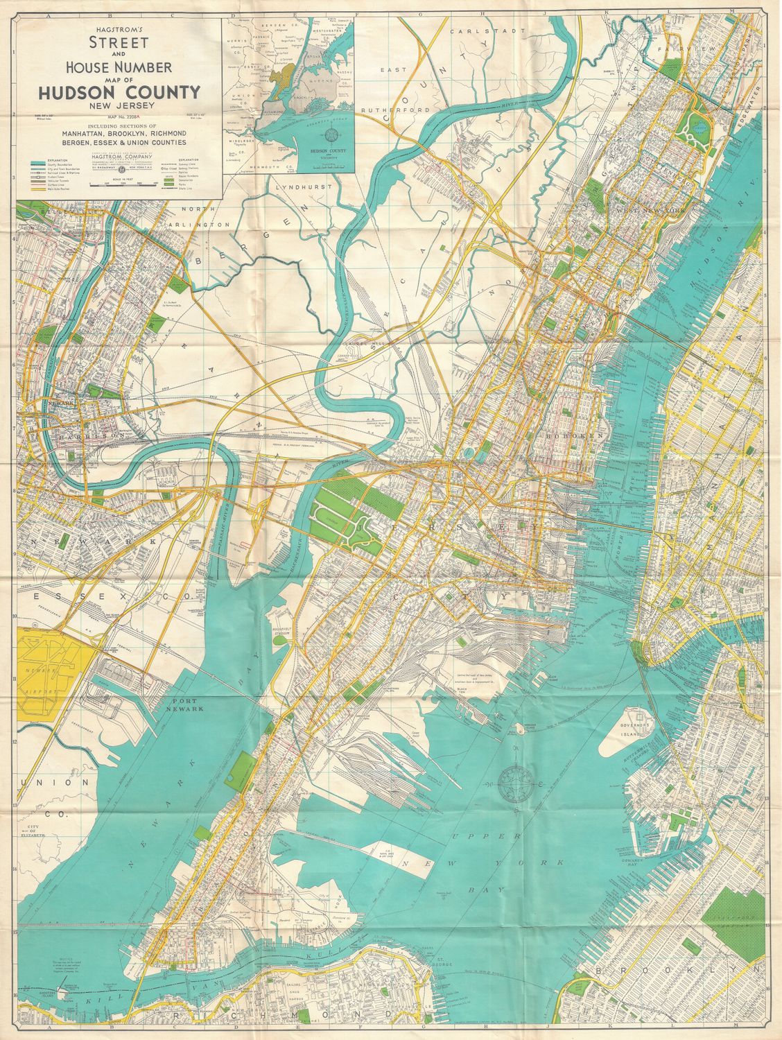 1950 Folding Map of Hudson County  NJ by Hagstrom