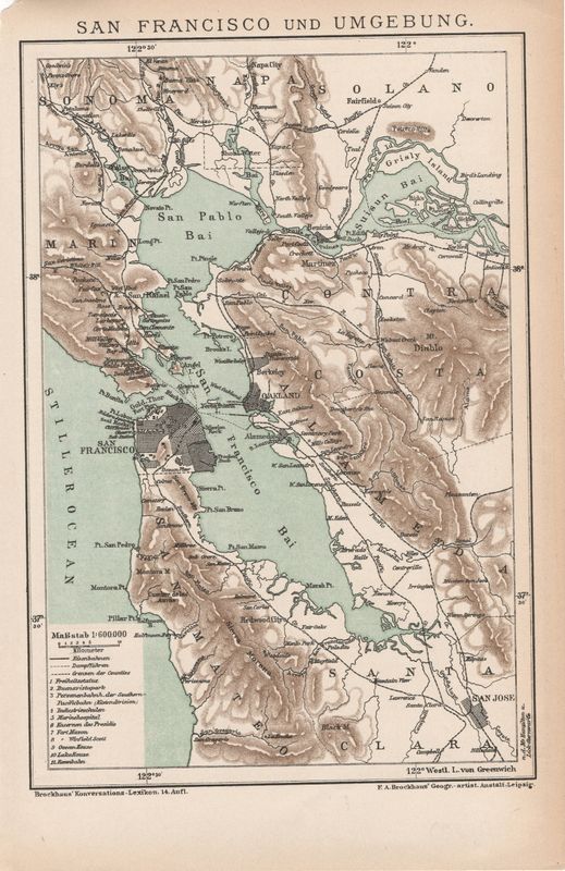1895 Map of the San Francisco Bay Area by F.A. Brockhaus in German