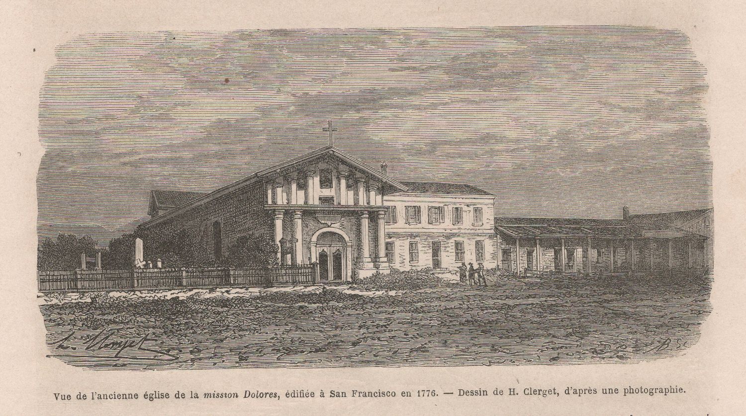 1867 View of Mission Dolores in French Lithograph