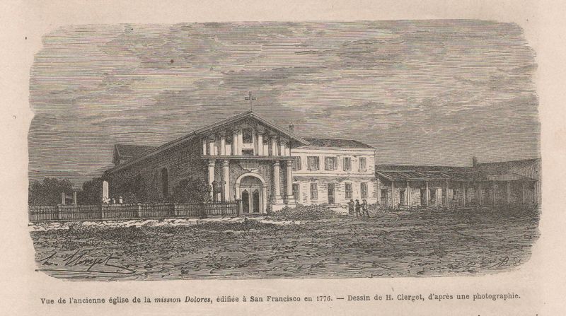 1867 View of Mission Dolores in French Lithograph