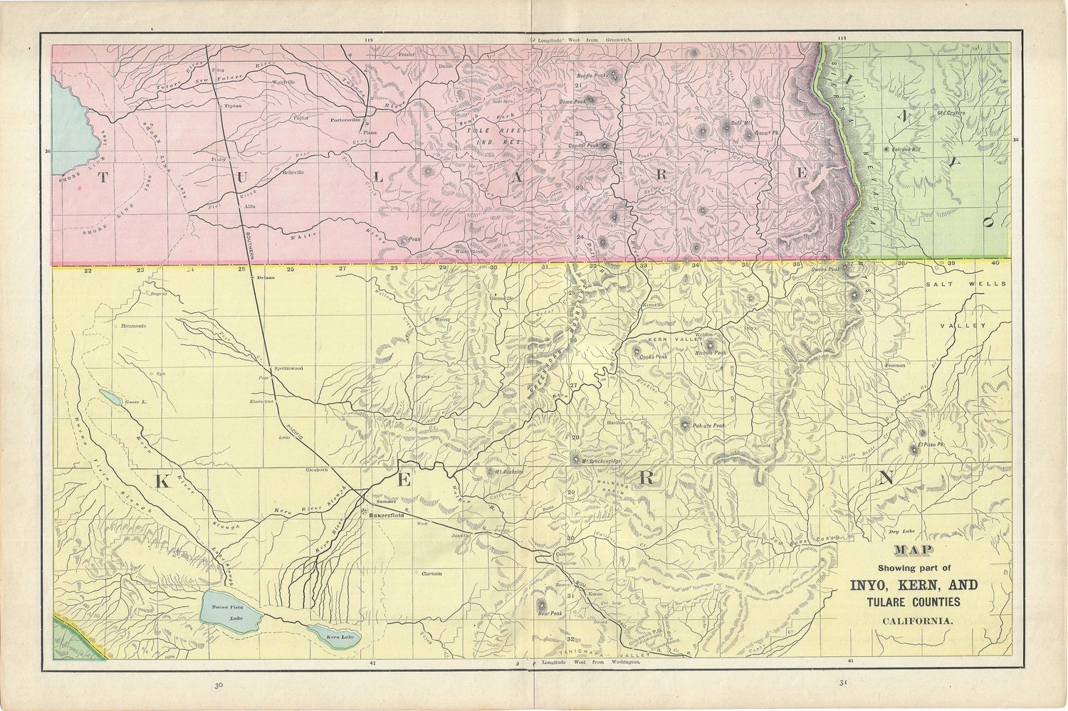 1892 Cram&#39;s Map of Inyo, Kern &amp; Tulare Co.