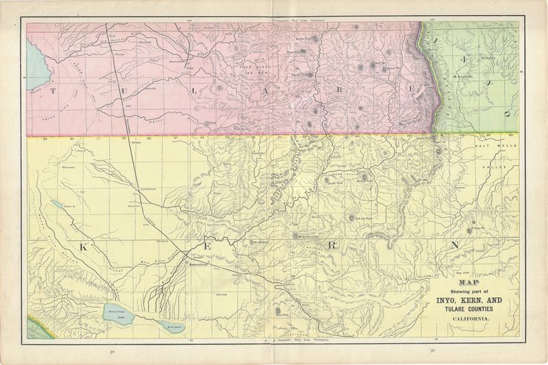 1892 Cram's Map of Inyo, Kern &amp; Tulare Co.