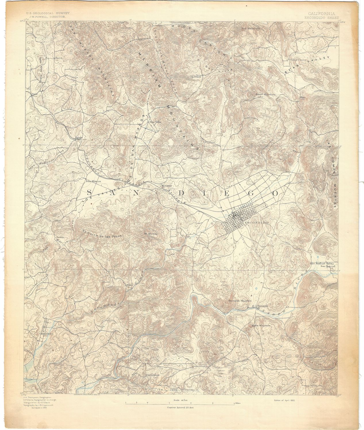 1893 1st Edition USGS Escondido , Ca Quad Sheet