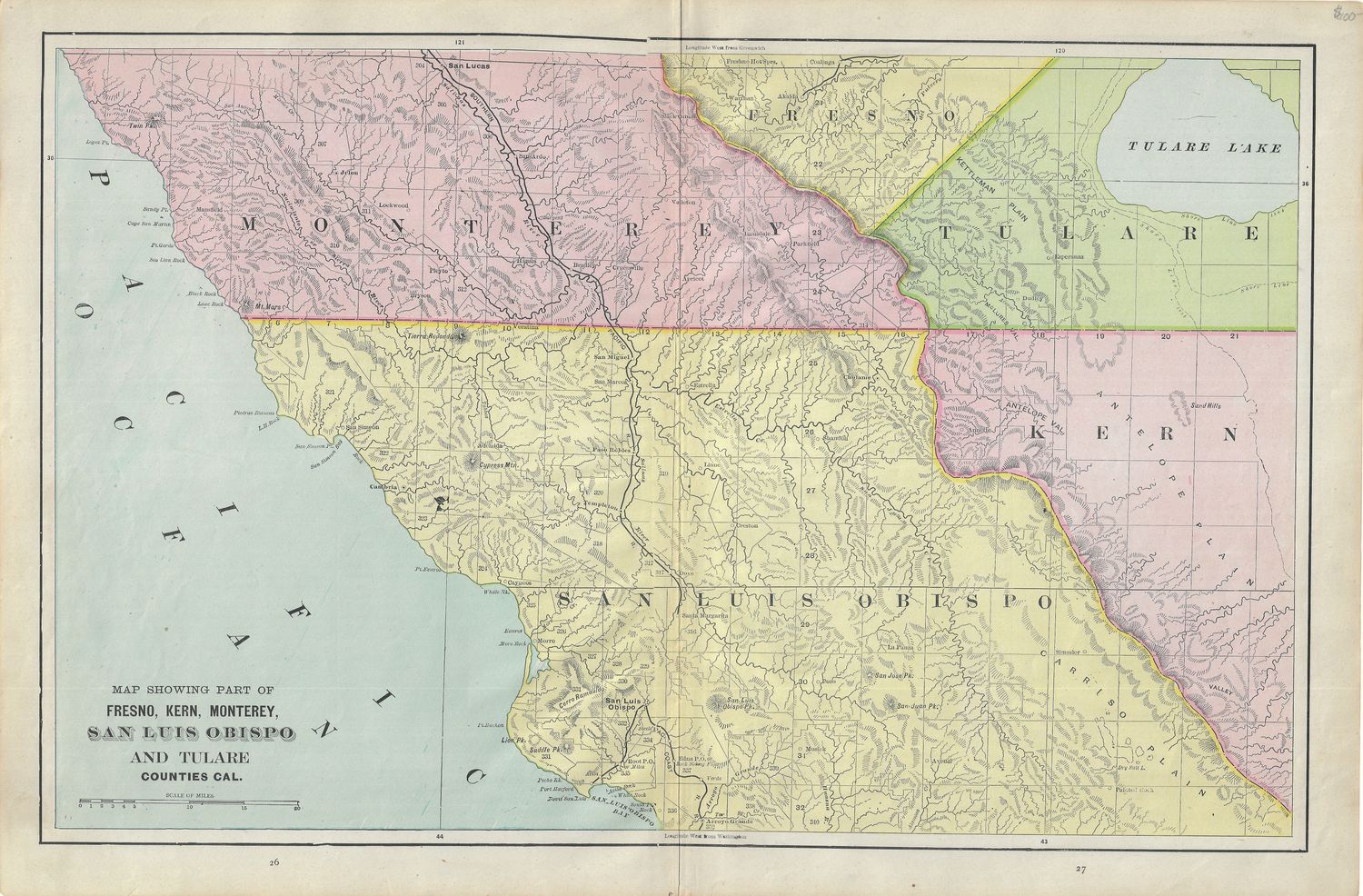 1892 Cram&#39;s Map of Fresno, Kern, Monterey, San Luis Obispo + Tulare Co.