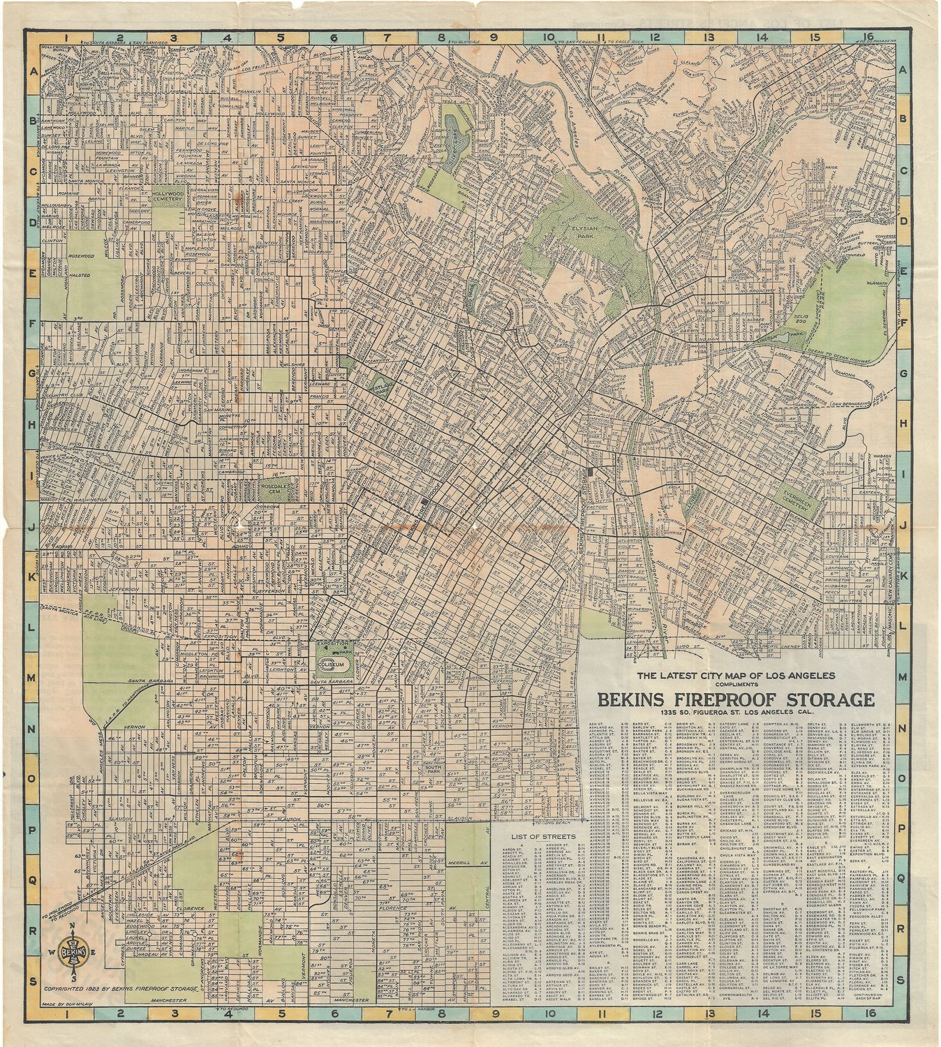 1923 Map of Los Angeles from Bekins Moving w/ Hand Color
