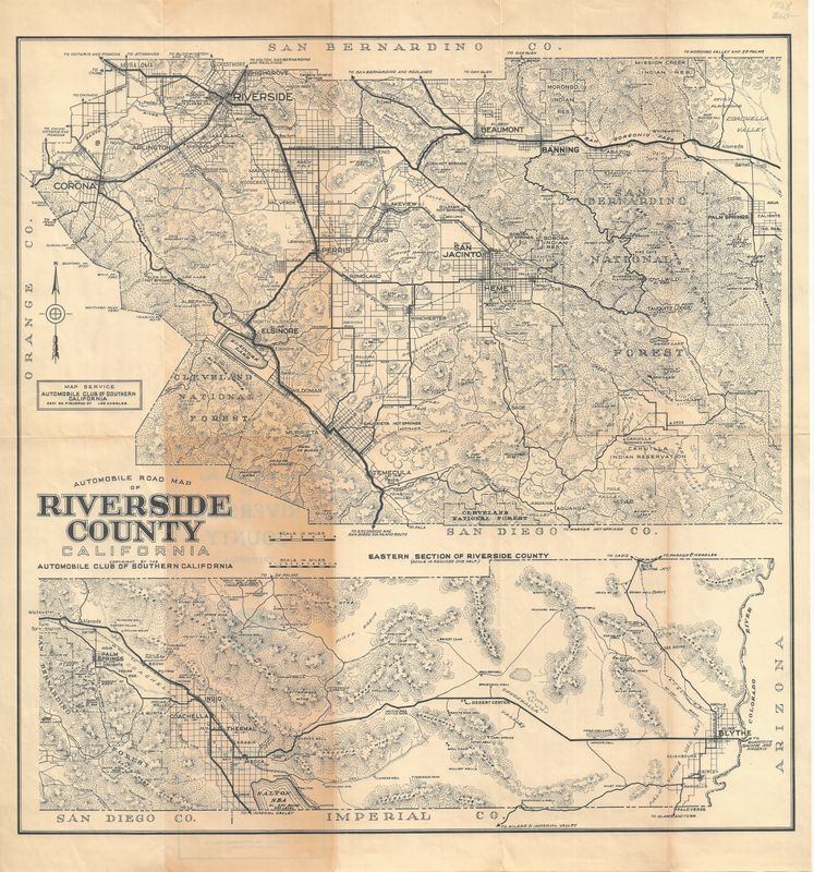 1928 Automobile Road Map of Riverside County by the ACSC w/ damage