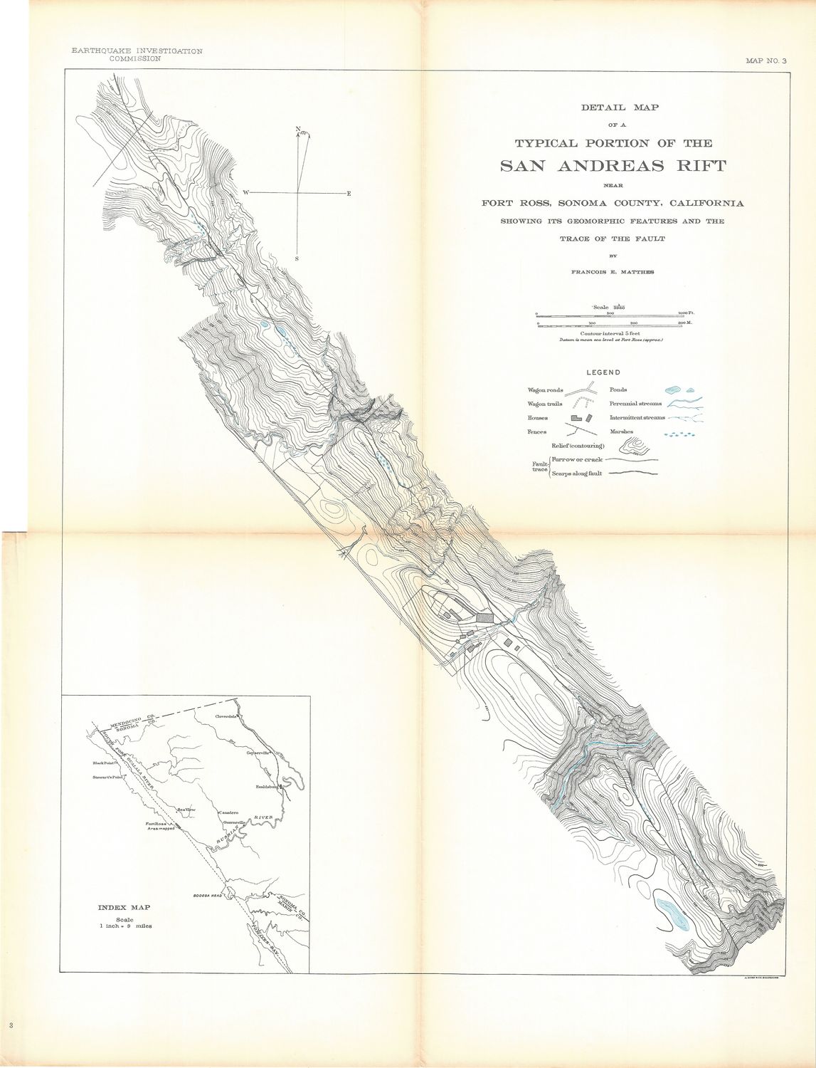 1908 EQIC Map of the San Andreas Rift at Fort Ross,  Sonoma Ca..