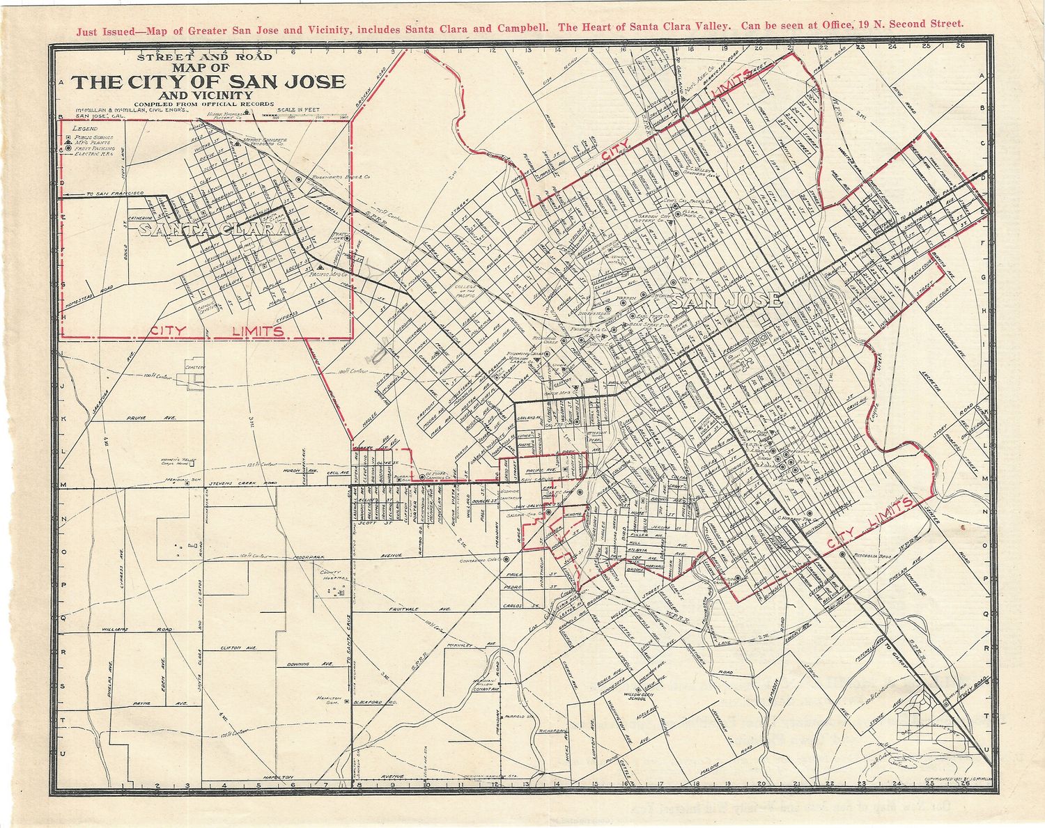 1913 Map of San Jose and Santa Clara by McMillan &amp; McMillan