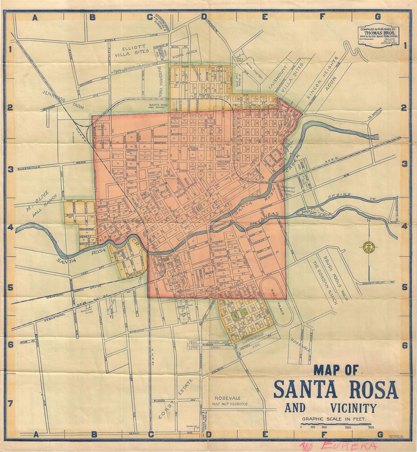 1935 Map of Santa Rosa w/ hand color &amp; Eureka, by Thomas Bros.