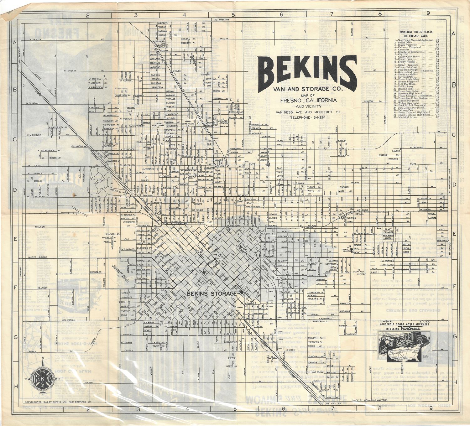1942 Bekins Map of Fresno, ca