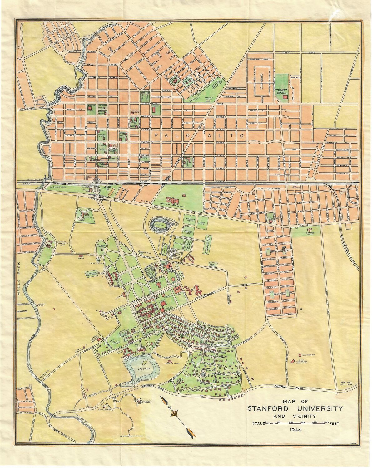 1944 Map of the Stanford University &amp; Palo Alto with hand color