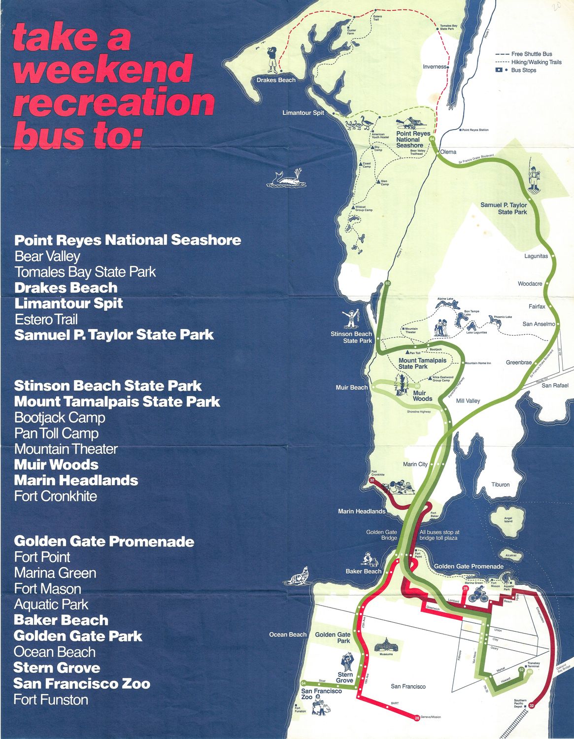 1988 Weekend Recreation Bus Schedule Pamphlet for Marin &amp; Pt Reyes