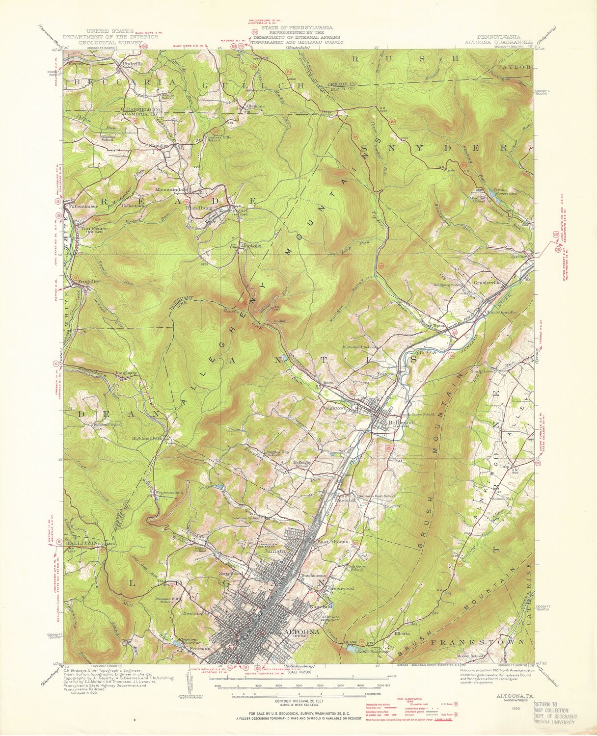 1920 USGS Altoona , Pa Quad  w/ 1946 Roadway Overlays in Red 