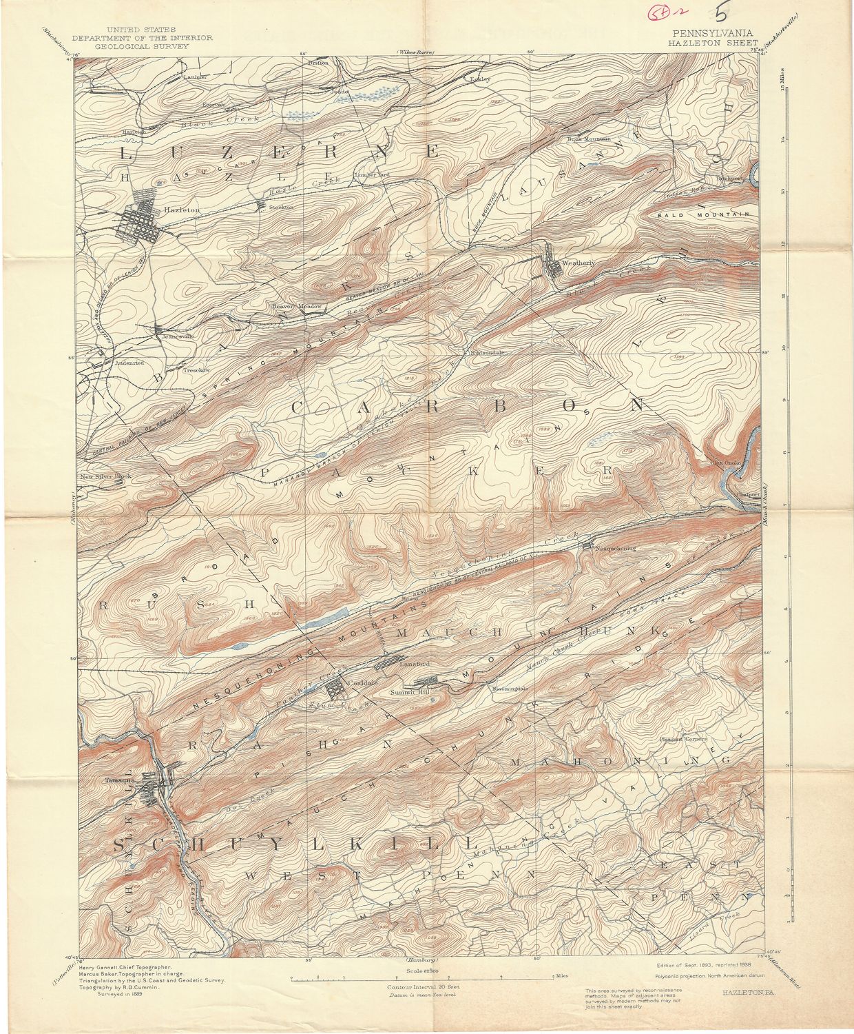 1938 (1893) USGS Hazelton Pennsylvania Quad-Field Edition
