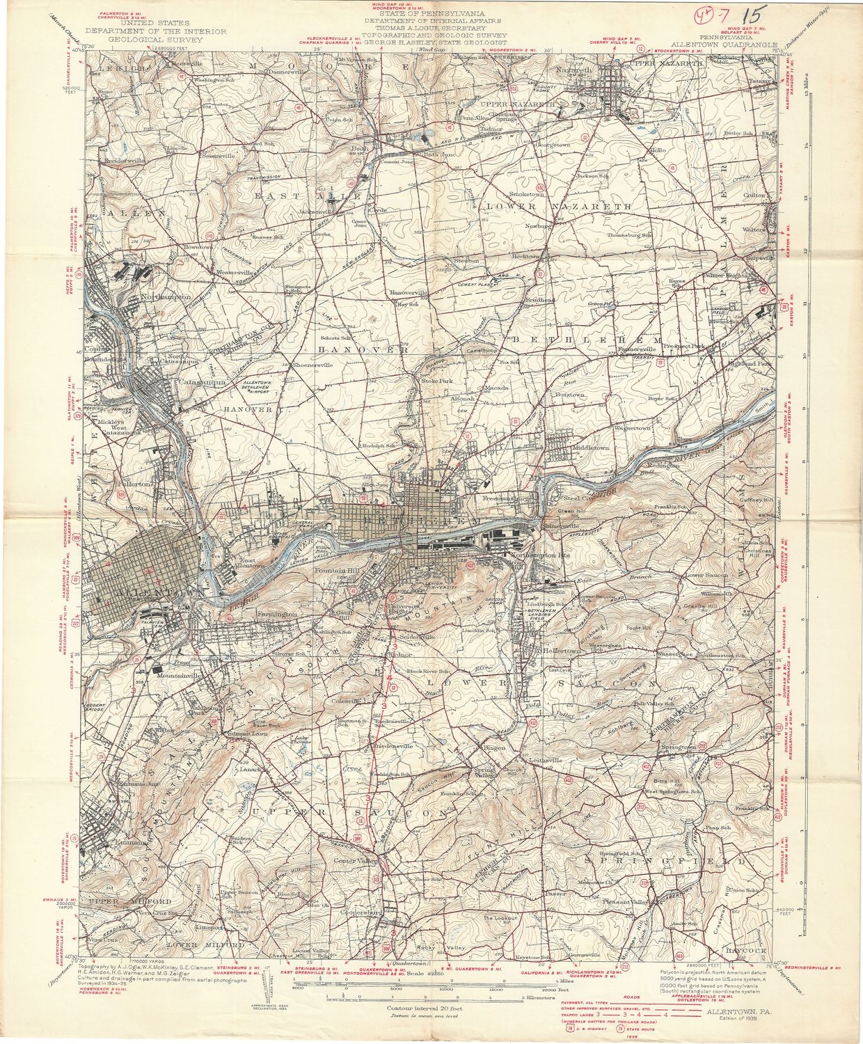1939 USGS Allentown Pennsylvania Quad w/ Roadways overlay in Red-Field Edition