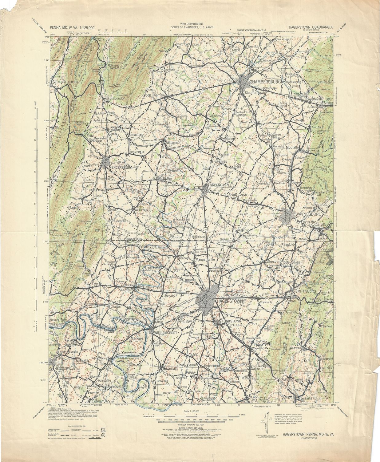1943 Army Map Service Corps of Engineers Hagerstown Quad sheet