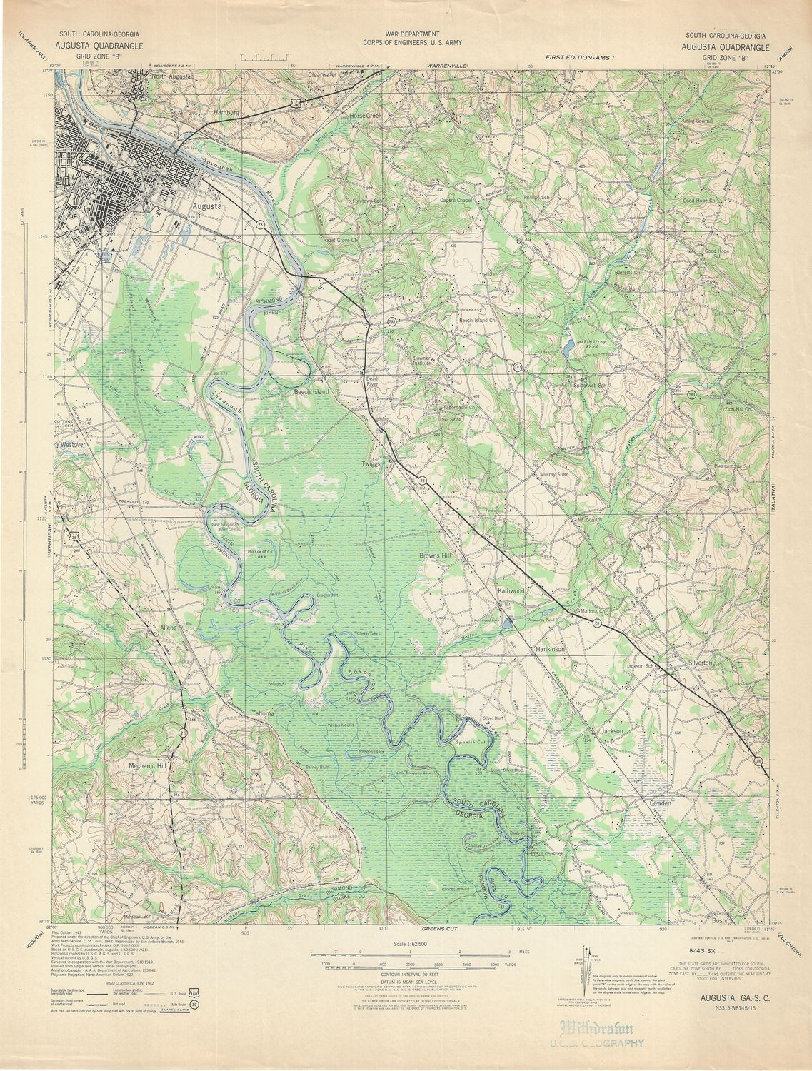 1943 US Army Map Service Augusta Georgia Quad