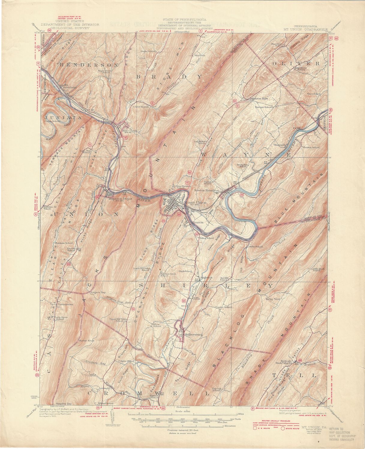 1944 USGS Mt. Union , Pennsylvania Quadrangle