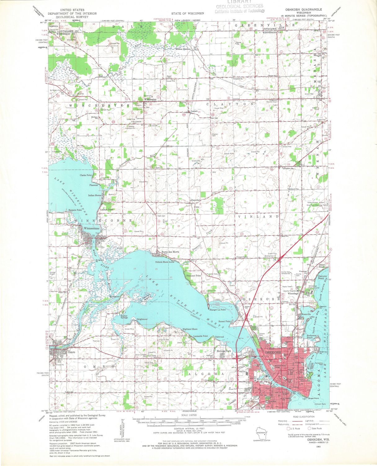 1961 USGS Oshkosh , Wisconsin Quad with Lake Winneconne Lake Butte de Morts