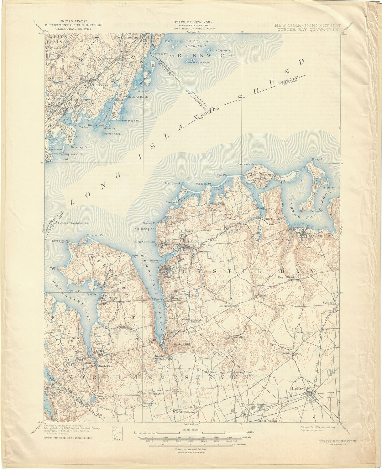 1944 (1900) USGS Oyster Bay Quadrangle w/ Long Island Sound