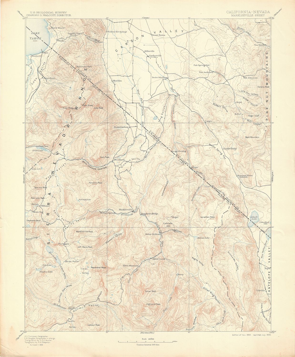 1905 (1893) USGS Markleevillle, Ca Quad Tahoe Sheet
