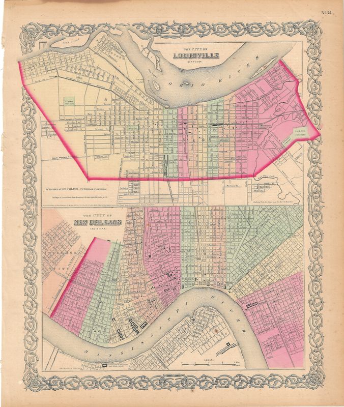 1855 Map of Louisville &amp; New Orleans in one scale by JH Colton