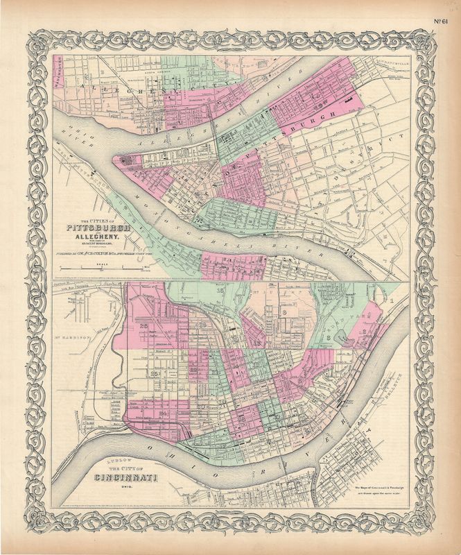 1855 Map of Pittsburgh with Allegheny  &amp; Cincinnati in one scale by JH Colton