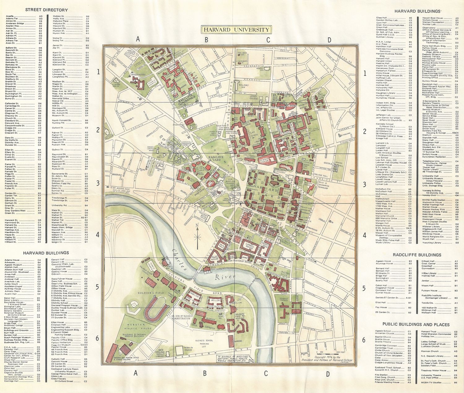 1974 Map of the Campus of Harvard University w/ Hand water color