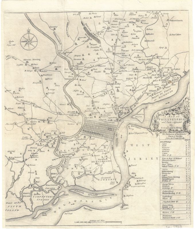 1753 Colonial Map of Philadelphia and parts adjacent by Scull and Heap