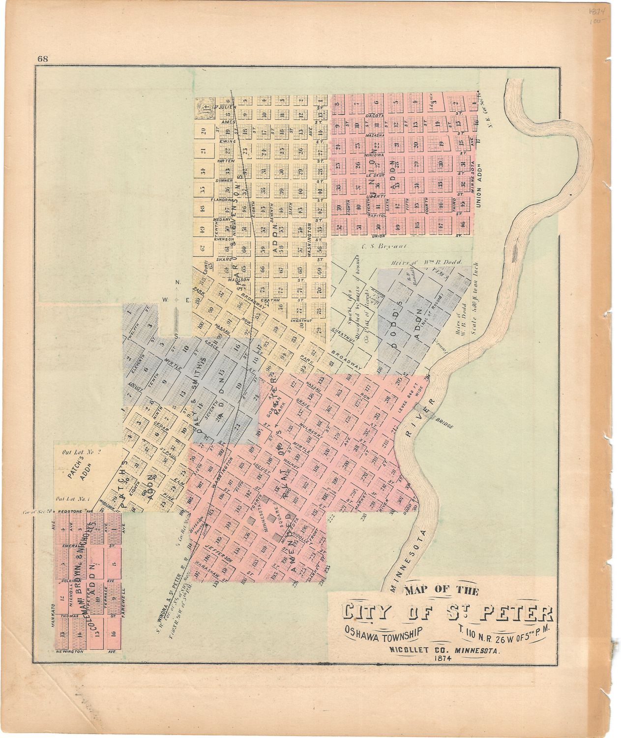 1874 Map of St. Peter,  Minn. by AT Andreas w/ OHC