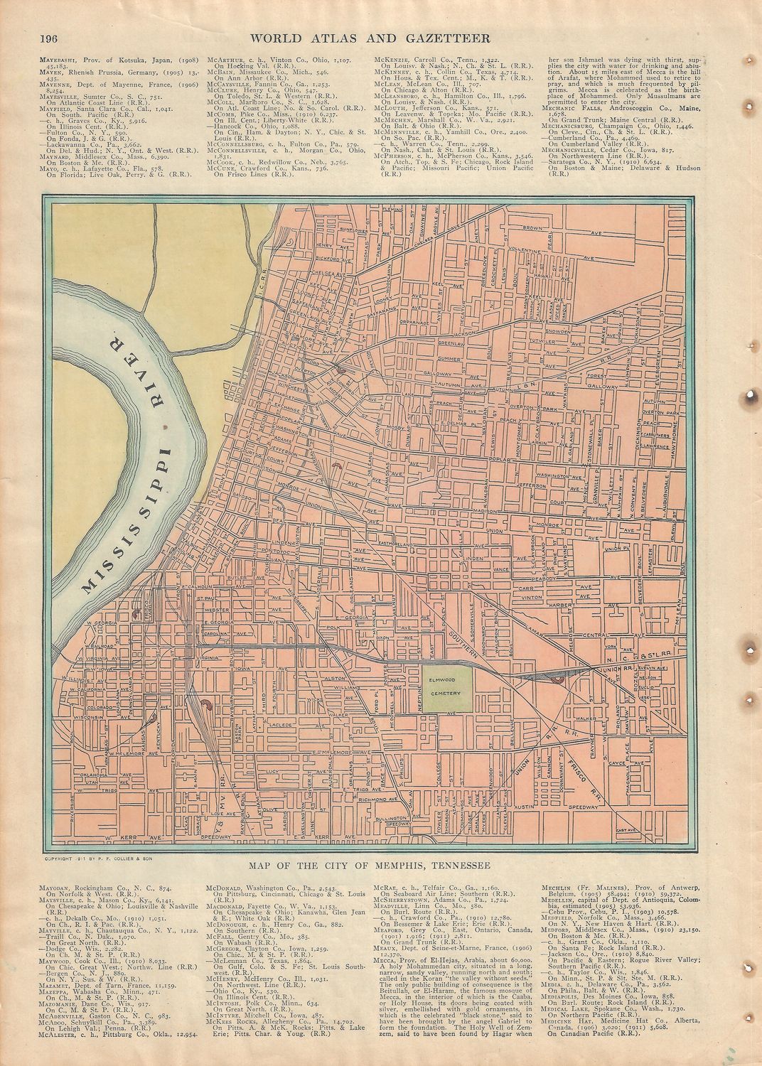 1927 Gazetteer Map of Memphis, Tn. with hand Water Color