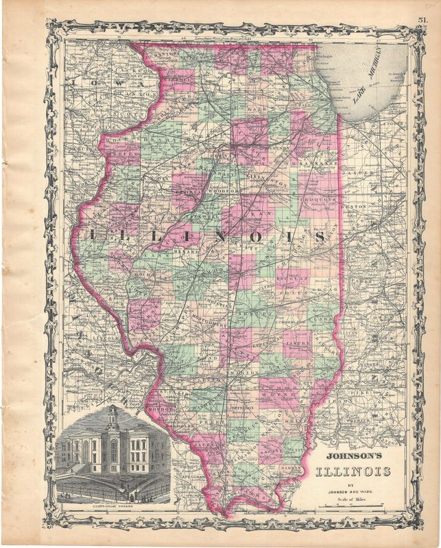 1876 Map Of Illinois by Johnson &amp; Ward