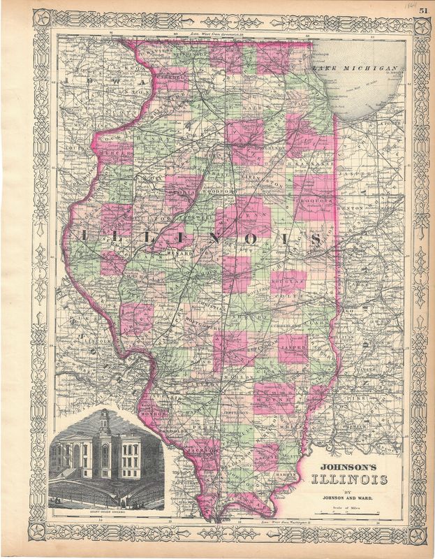 1864 Map of Illinois by Johnson &amp; Ward