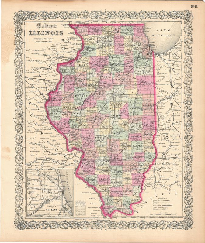 1855 Map of Illinois by GW Colton