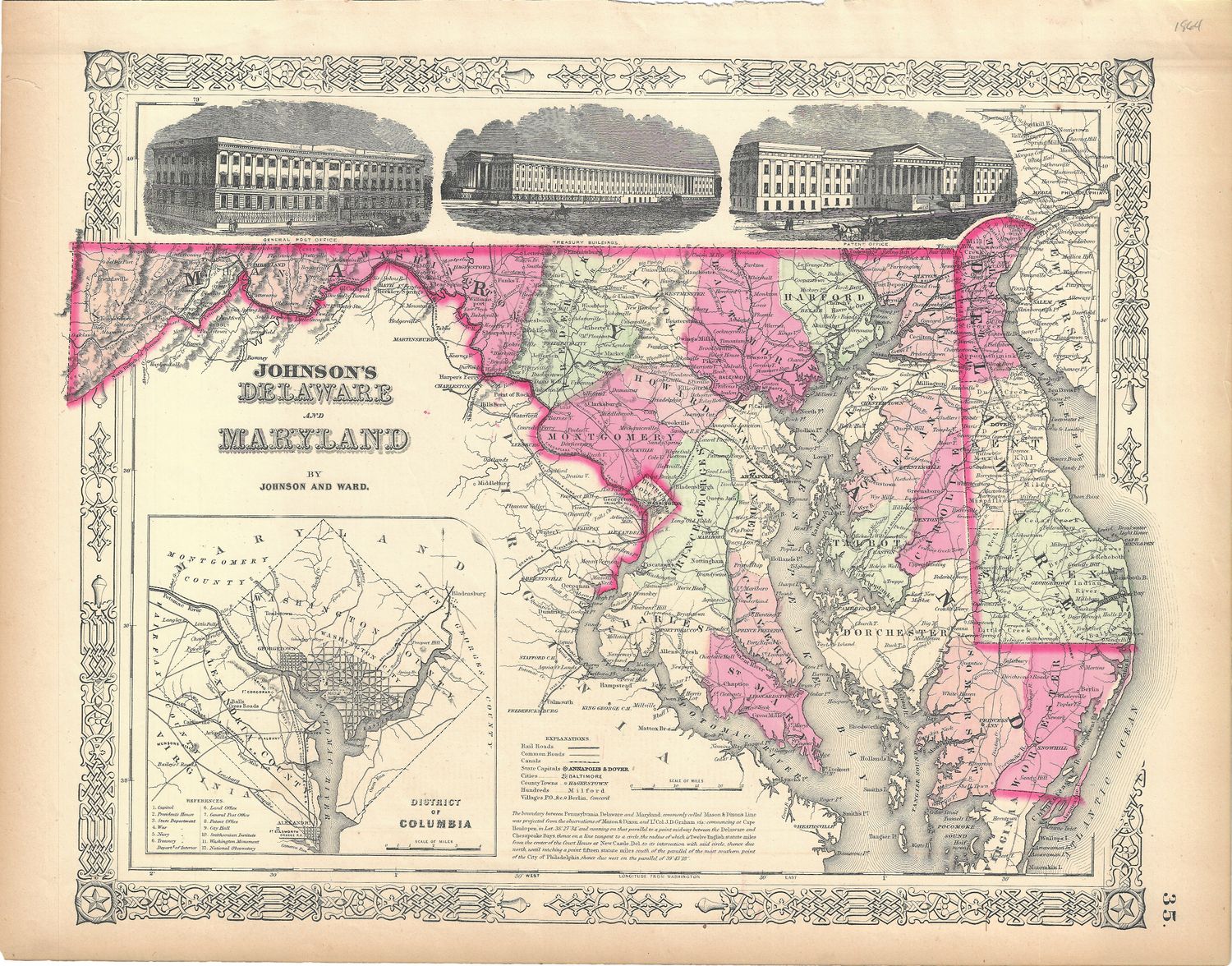 1864 Map of Delaware &amp;  Maryland by Johnson &amp; Ward