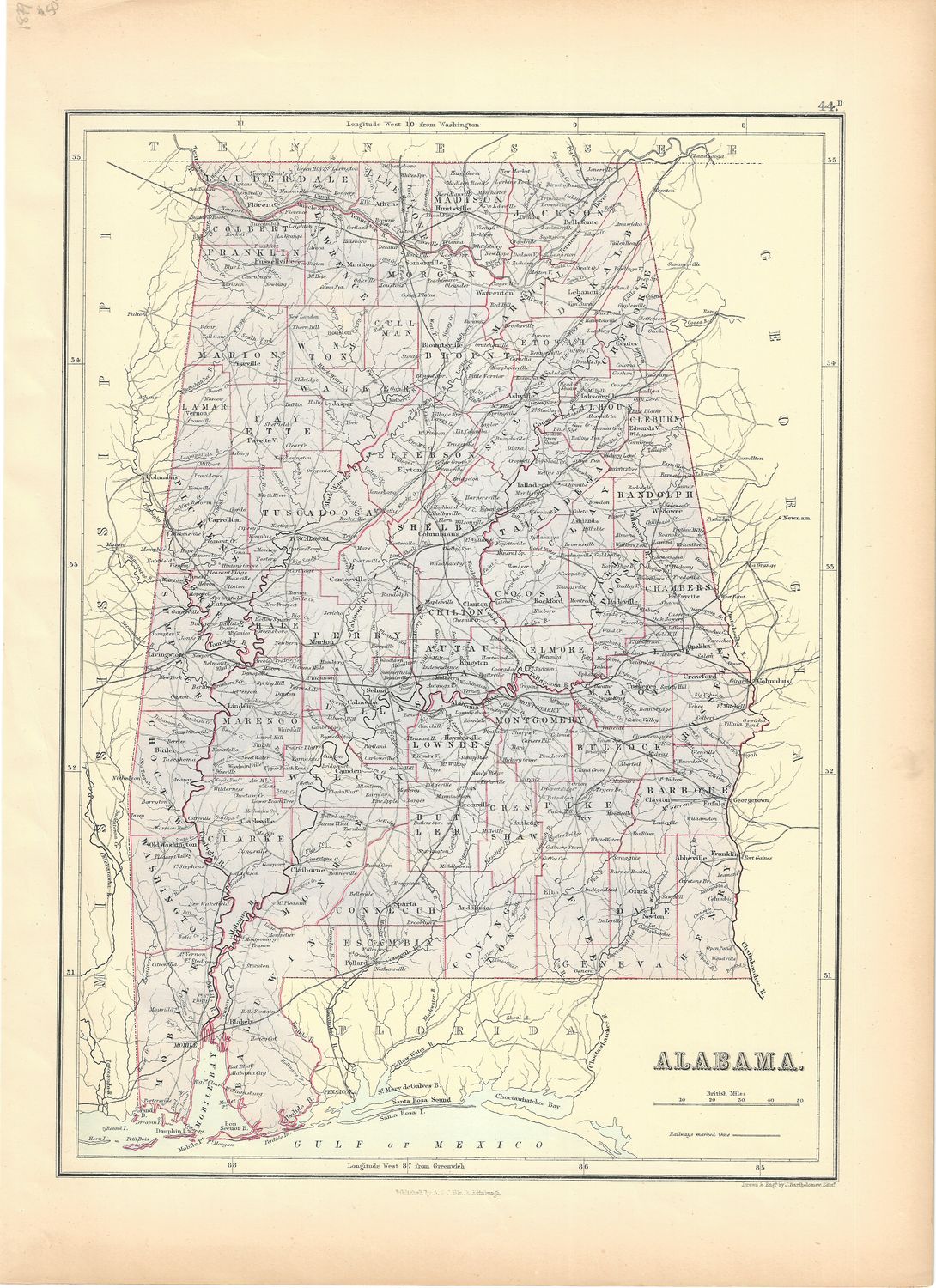 1879 Map of Alabama by A&amp;C Black