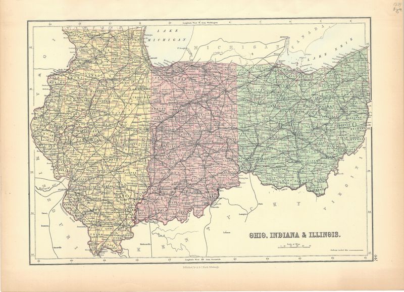 1879 Map of Ohio, Indiana  &amp; Illinois by A&amp;C Black