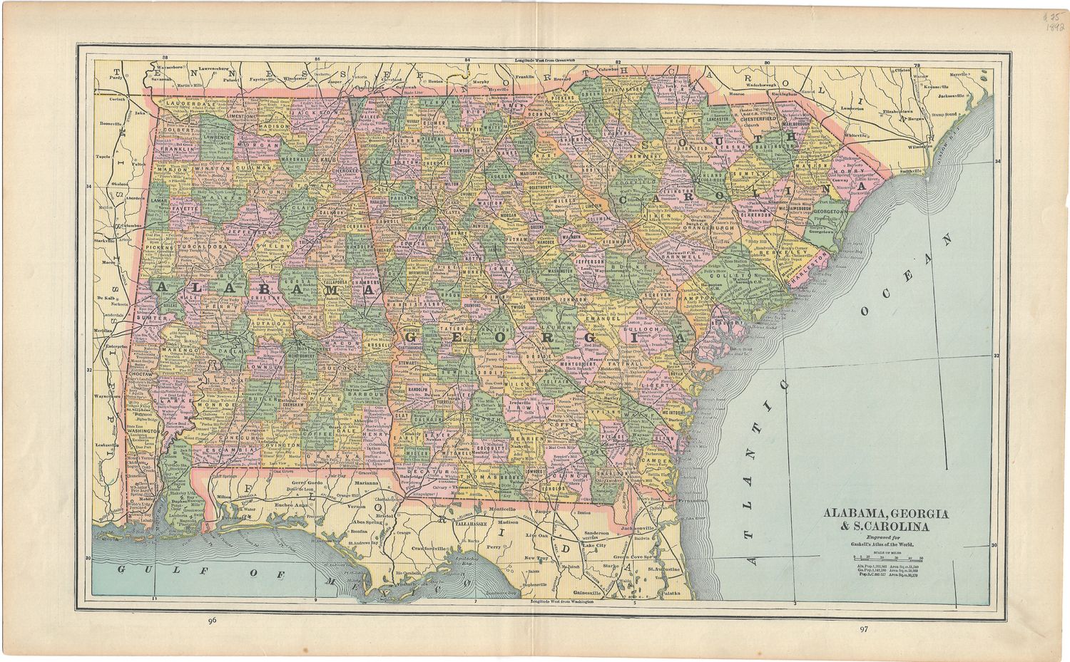 1892 Map of Alabama, Georgia &amp; S. Carolina by Gaskell