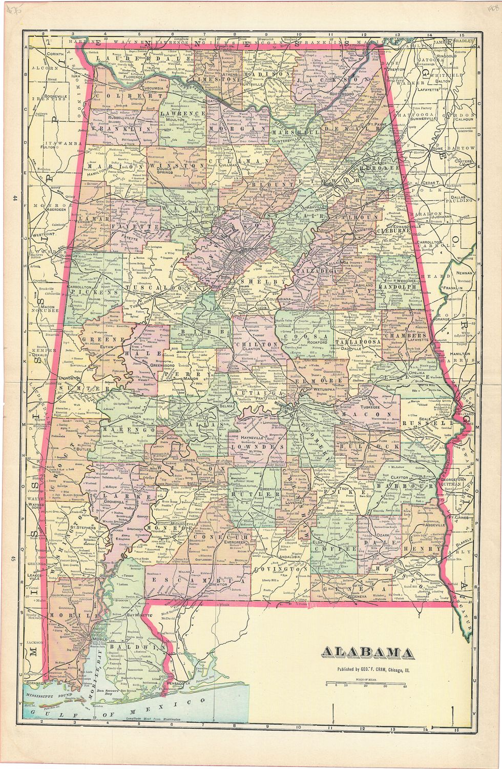 1908 Map of Alabama by Geo Cram