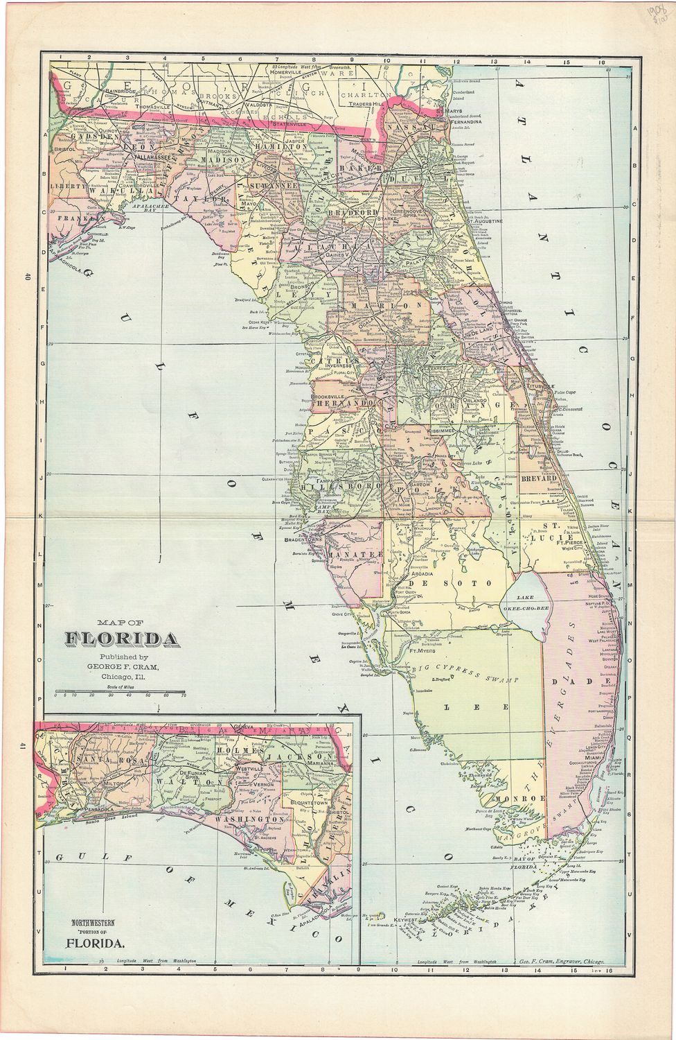 1908 Map of Florida by Geo. Cram