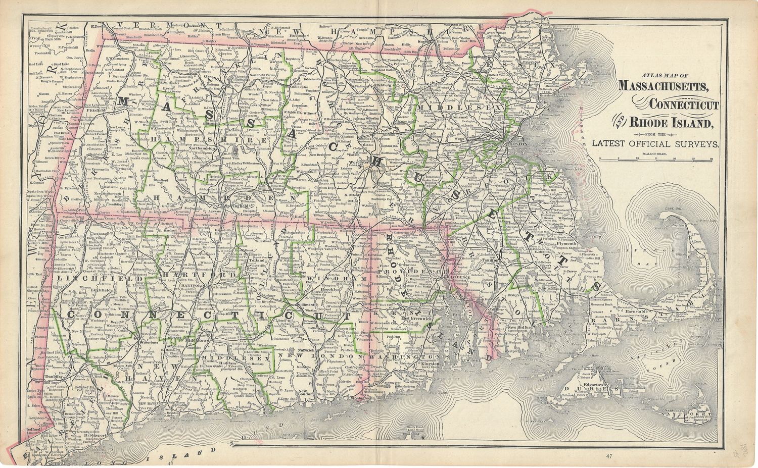 1912 Map of Massachusetts , Connecticut, Rhode Island with Maine, Vermont, New Hampshire by Peoples Publishing