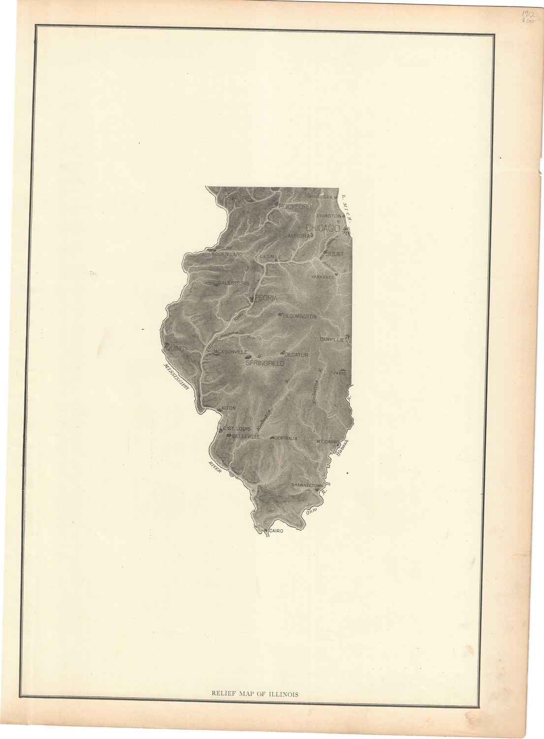 1912 Relief Map of Illinois by Rand McNally