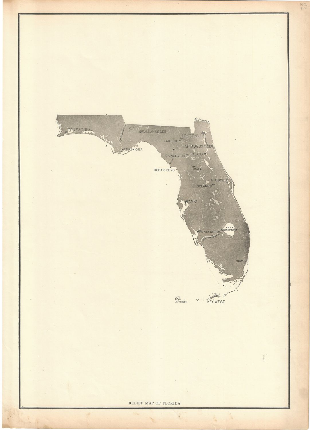 1912 Relief Map of Florida by Rand McNally