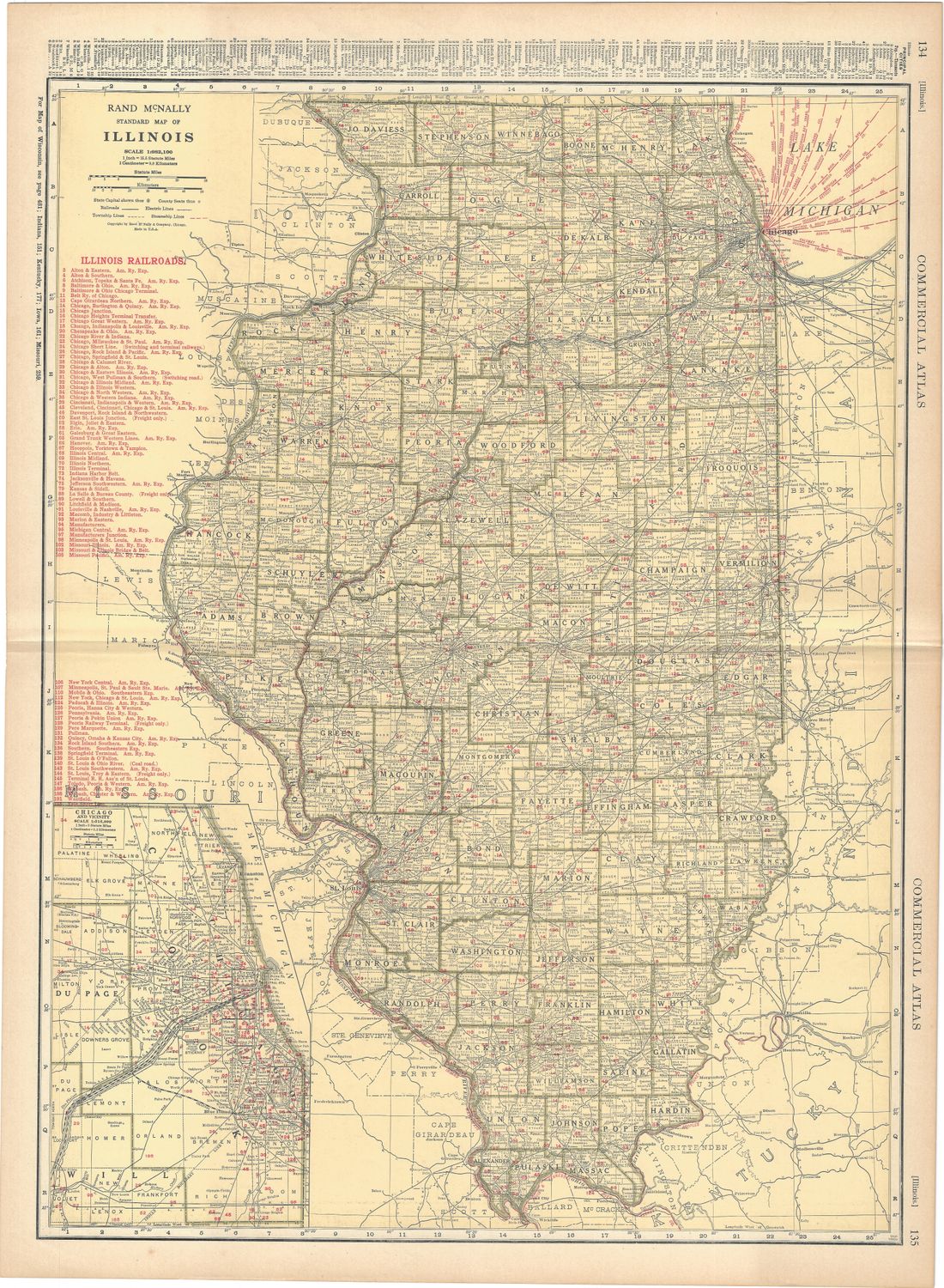 1924 Railroad Map of Illinois by Rand McNally