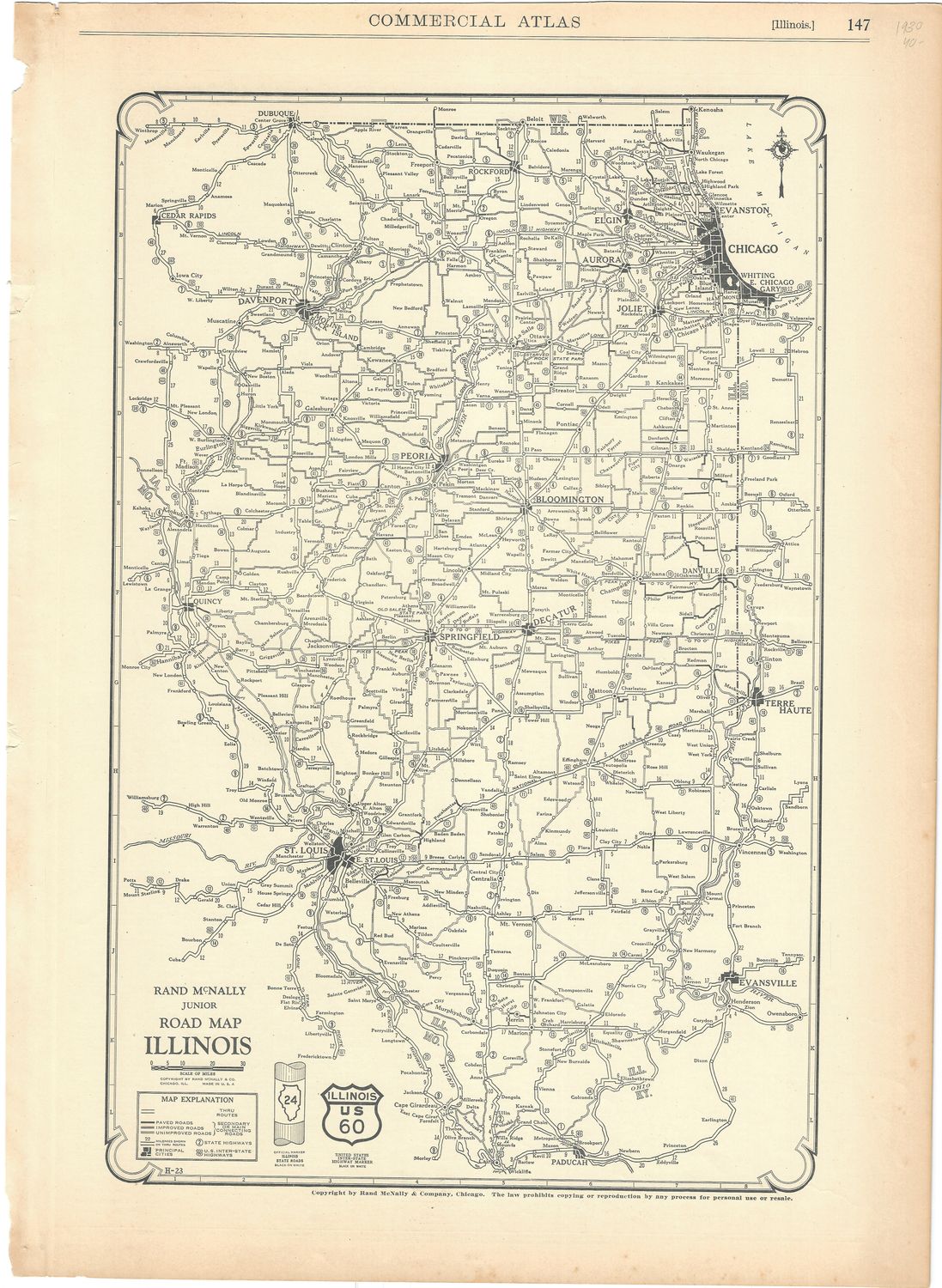 1930 Rand McNally Road and Mileage Map of Illinois 